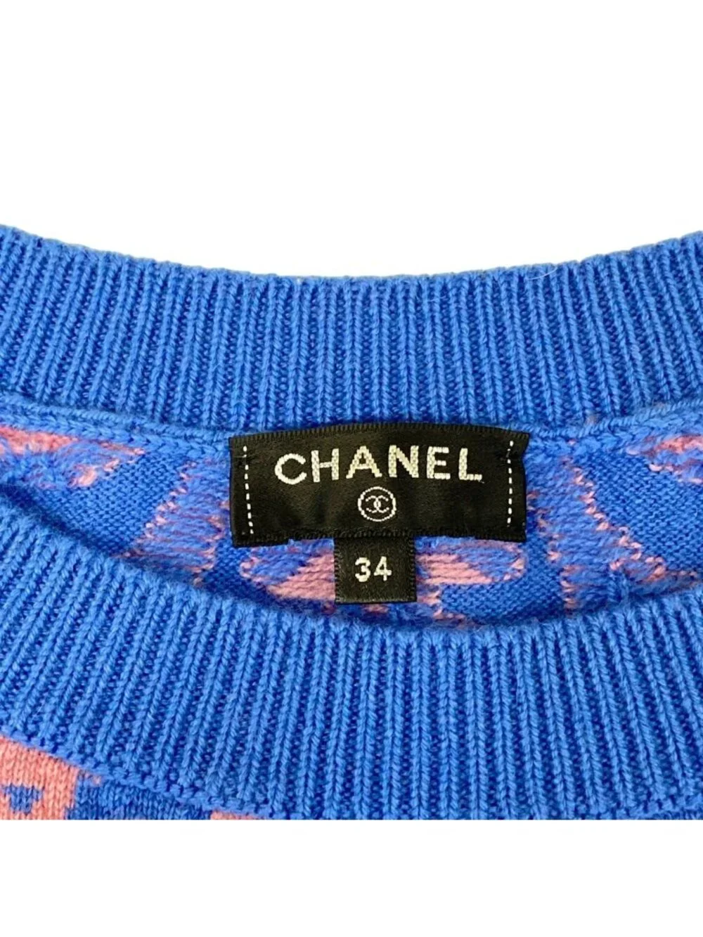 Chanel Long Sleeve Sweater 34 S Blue Pink Crew Neck CC Logo Knit Cashmere